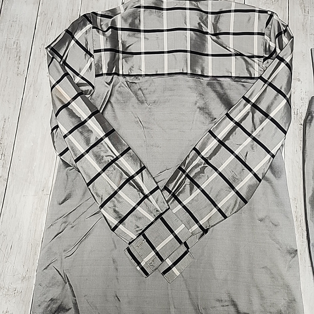 J.S. Thai 100% Silk Womens 2-Piece Set Handmade Plaid Shirt & Pants Silver Sz P - Picture 15 of 16